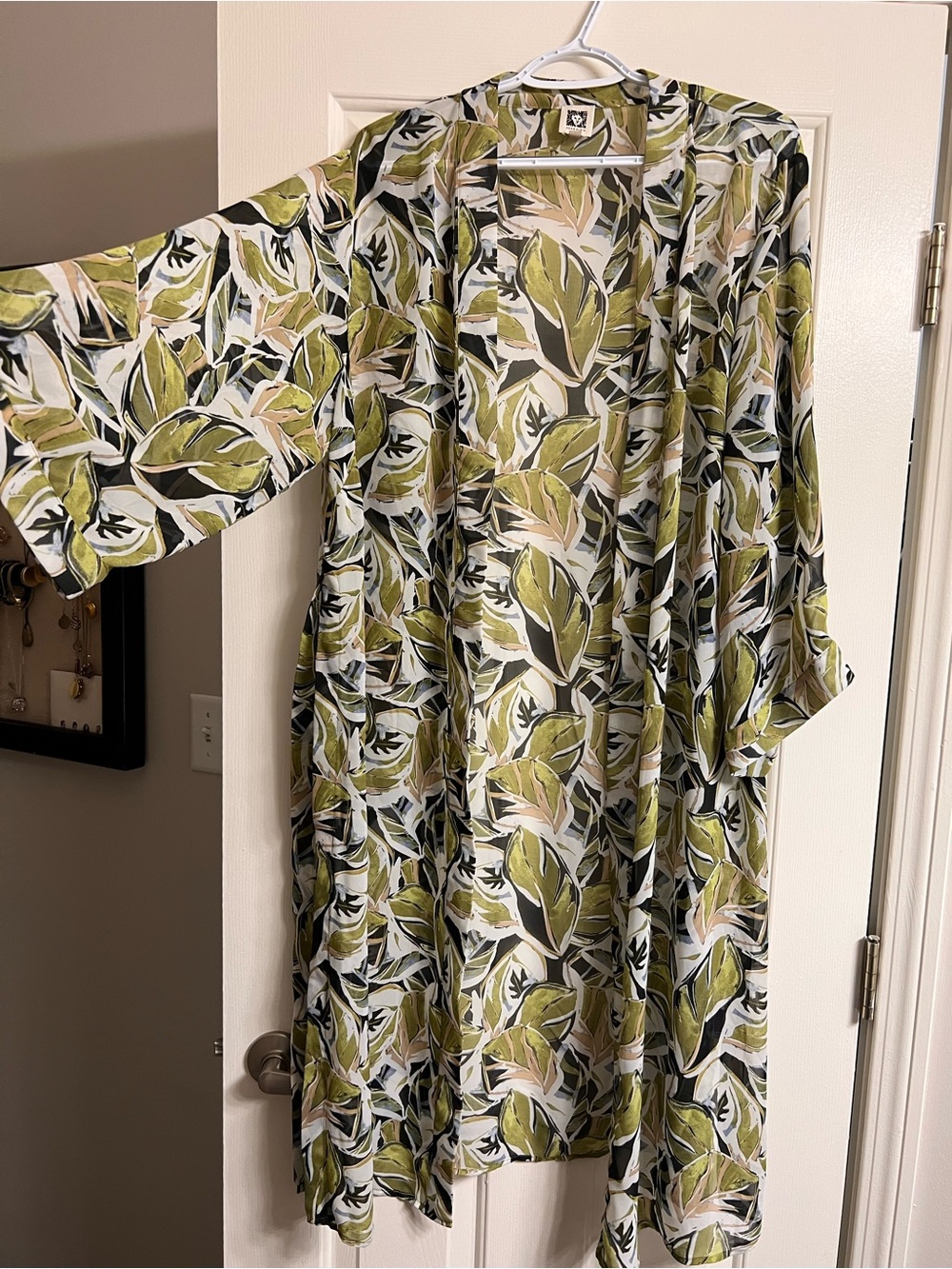 Ann Klein Leaf Print Kimono Cardigan - Green White Black